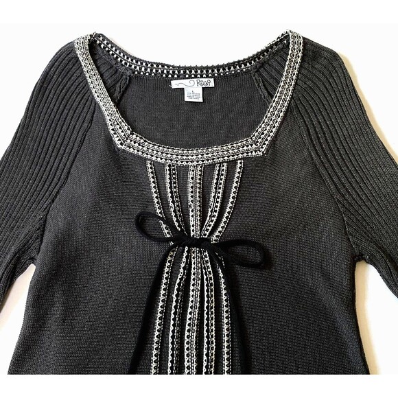 RBX Tie Front Sweater Womens Size L Dark Gray White Fluted Ribbed Knit Sleeves - Picture 2 of 16
